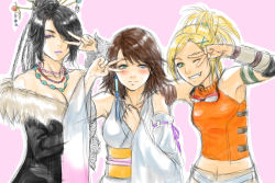 Rule 34 | 3girls, bare shoulders, blush, braid, breasts, cleavage, eyeshadow, final fantasy, final fantasy x, goggles, goggles around neck, grin, hair ornament, hair over one eye, hairpin, hand on another&#039;s shoulder, hand on own chest, heterochromia, jewelry, lipstick, looking at viewer, lulu (ff10), makeup, multiple girls, navel, necklace, one eye closed, pink background, rikku (ff10), simple background, smile, takeda yuuko, v, v over eye, yuna
