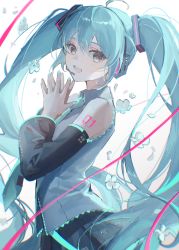 Rule 34 | 1girl, absurdres, aqua eyes, aqua hair, aqua nails, aqua necktie, bare shoulders, blue shirt, blue skirt, collared shirt, commentary, cowboy shot, detached sleeves, flower, hair between eyes, hair ornament, hatsune miku, headphones, highres, long hair, long sleeves, looking at viewer, nail polish, necktie, number tattoo, open mouth, own hands clasped, own hands together, oyuyu, pink ribbon, pink tattoo, ribbon, shirt, shoulder tattoo, skirt, smile, solo, standing, tattoo, twintails, very long hair, vocaloid, white background