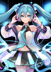 Rule 34 | 1girl, absurdres, black skirt, blue eyes, blue hair, blue nails, blue necktie, blurry, blurry foreground, closed mouth, coat, commentary request, cowboy shot, floating hair, hair between eyes, hatsune miku, headphones, highres, long hair, long sleeves, looking at viewer, mamo (fortune-mm), midriff, miniskirt, nail polish, navel, necktie, open clothes, open coat, pleated skirt, skirt, smile, solo, standing, stomach, unzipped, very long hair, vocaloid, white coat