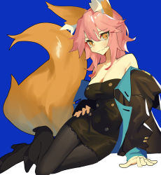 Rule 34 | 1girl, absurdres, animal ear fluff, animal ears, black dress, black jacket, black pantyhose, blue background, breasts, brown eyes, cleavage, collarbone, dress, fate/extra, fate (series), fox ears, fox tail, ghost (tama), hand on own hip, highres, jacket, looking at viewer, medium breasts, off shoulder, pantyhose, pink hair, sitting, smile, solo, tail, tamamo (fate), tamamo no mae (fate/extra)