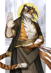 Rule 34 | 1boy, arknights, bandages, beard, black hair, closed mouth, cowboy shot, facial hair, fingernails, furry, furry male, huai tianpei (arknights), long fingernails, long hair, looking at viewer, male focus, open clothes, orca (dragooon-yike), short sleeves, smile, solo, yellow eyes