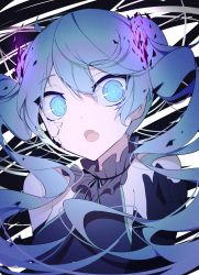 Rule 34 | 1girl, bare shoulders, black gloves, black shirt, blue eyes, blue hair, commentary, cracked skin, elbow gloves, fang, frilled neckwear, ghost rule (vocaloid), giryu, gloves, glowing, hand up, hatsune miku, highres, long hair, looking at viewer, open mouth, shattered, shirt, skin fang, sleeveless, sleeveless shirt, solo, twintails, upper body, very long hair, vocaloid, wide-eyed