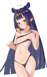 Rule 34 | 1girl, absurdres, bikini, black bikini, blue eyes, blunt bangs, blunt ends, blush, breasts, collarbone, commentary, covered erect nipples, cowboy shot, diamond hairband, ear blush, embarrassed, english commentary, gluteal fold, highres, hirotaka0125, hololive, hololive english, long hair, looking at viewer, micro bikini, navel, ninomae ina&#039;nis, pointy ears, purple hair, simple background, small breasts, solo, swimsuit, tearing up, thigh gap, very long hair, virtual youtuber, wavy mouth, white background