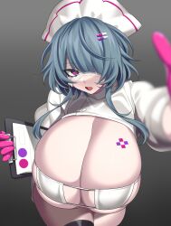 Rule 34 | 1girl, :o, absurdres, bent over, bikini, black thighhighs, blue hair, breast tattoo, breastless clothes, breasts, cleavage, clipboard, eyepatch bikini, gloves, grey background, hair over one eye, hat, highres, holding, holding clipboard, huge breasts, hz (666v), latex, latex gloves, looking at viewer, nurse, nurse cap, open mouth, original, pill, pill hair ornament, pink eyes, swimsuit, tattoo, teeth, thick thighs, thighhighs, thighs, upper teeth only, white bikini, wrapping
