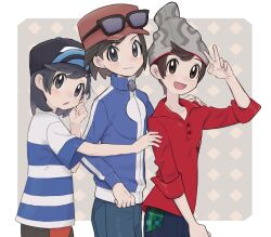 Rule 34 | 3boys, beanie, black-framed eyewear, black headwear, blue jacket, brown eyes, brown hair, buttons, calem (pokemon), closed mouth, commentary, creatures (company), elio (pokemon), game freak, grey eyes, grey headwear, hand up, hat, highres, jacket, long sleeves, male focus, multiple boys, nintendo, open mouth, pants, plaid, pokemon, pokemon sm, pokemon swsh, pokemon xy, red headwear, red shirt, sana (37pisana), shirt, short sleeves, smile, striped clothes, striped shirt, sunglasses, swept bangs, symbol-only commentary, t-shirt, turtleneck, turtleneck jacket, v, victor (pokemon), zipper pull tab