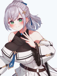 Rule 34 | 1girl, absurdres, bare shoulders, blue ribbon, blush, breasts, cleavage, closed mouth, detached sleeves, dress, frilled sleeves, frills, green eyes, grey hair, hair ribbon, highres, hololive, large breasts, long sleeves, looking at viewer, ponytail, ribbon, see-through, see-through cleavage, shirogane noel, shirogane noel (5th costume), simple background, smile, solo, tang-du, upper body, virtual youtuber, w, white background, white dress, wide sleeves