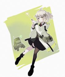 Rule 34 | 1girl, antenna hair, arknights, asymmetrical legwear, black footwear, black skirt, black thighhighs, blonde hair, boots, brown vest, collared shirt, commentary request, dress shirt, full body, green background, highres, holding, holding party popper, jacket, korean commentary, lens (arknights), light blush, looking at viewer, mixed-language commentary, necktie, notice lines, open clothes, open jacket, party popper, pleated skirt, red neckwear, retri, scene (arknights), shirt, short hair, short ponytail, side ponytail, simple background, single sock, single thighhigh, skirt, socks, thigh strap, thighhighs, two-tone background, vest, white background, white jacket, white shirt, yellow eyes