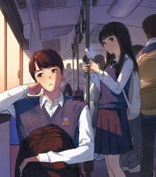 Rule 34 | 1boy, 1girl, absurdres, backpack, bag, bag on lap, black bag, black hair, black ribbon, black skirt, blunt bangs, brown hair, bus, cellphone, closed mouth, collared shirt, ddini, flip phone, hair over shoulder, hand on own face, highres, long hair, long sleeves, looking at another, looking outside, looking to the side, motor vehicle, neckerchief, original, parted bangs, people, phone, pleated skirt, ribbon, school uniform, shirt, short hair, sitting, skirt, standing, sweater vest, white bag, white shirt