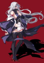 Rule 34 | 1girl, anchor symbol, azur lane, boots, breasts, buttons, coat, colorado (azur lane), covered mouth, cross-laced footwear, double-breasted, dress, from side, full body, hair over one eye, hairband, high heel boots, high heels, highres, long hair, looking at viewer, medium breasts, pelvic curtain, ramuya (lamb), red background, red hairband, shadow, shirt, sideboob, simple background, sleeveless, sleeveless dress, sleeveless shirt, solo, standing, thigh boots, very long hair, white hair
