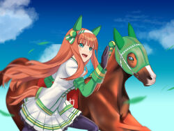 Rule 34 | 1girl, animal ears, black gloves, black pantyhose, creature and personification, ear covers, frilled skirt, frills, from side, gakeumi, gloves, hairband, highres, hime cut, horse, horse ears, horse girl, long hair, long sleeves, orange hair, pantyhose, pleated skirt, running, silence suzuka (racehorse), silence suzuka (umamusume), skirt, umamusume, white hairband, white skirt