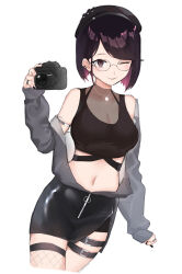 Rule 34 | 1girl, ;), absurdres, bare shoulders, belt, beret, black bra, black hair, black hat, black nails, black shorts, black skirt, black tank top, bra, bra strap, breasts, camera, cleavage, colored inner hair, ear piercing, fishnet thighhighs, fishnets, glasses, grey jacket, hat, highres, holding, holding camera, jacket, jewelry, large breasts, long sleeves, looking at viewer, midriff, miniskirt, multicolored hair, navel, necklace, nijisanji, off shoulder, one eye closed, open clothes, open jacket, pencil skirt, piercing, purple hair, ribbed shirt, ring, see-through, see-through cleavage, see-through shirt, seto miyako, seto miyako (2nd costume), shirt, short hair, shorts, side slit, simple background, single thighhigh, skirt, smile, solo, swept bangs, tank top, thigh belt, thigh strap, thighhighs, underwear, virtual youtuber, white background, yifeng ivte, zipper pull tab