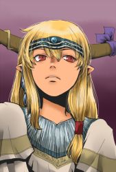 Rule 34 | 1girl, alternate costume, bad id, bad pixiv id, blonde hair, circlet, earrings, female focus, horn ornament, horn ribbon, horns, ibuki suika, jewelry, long hair, looking away, low-tied long hair, onikobe rin, parted lips, pointy ears, purple background, red eyes, ribbon, slit pupils, solo, tiara, touhou, upper body
