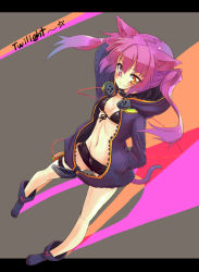 Rule 34 | 1girl, animal ears, bikini, bikini top only, black bikini, blush, breasts, cat ears, cat tail, cleavage, collar, front-tie top, hand in pocket, headphones, heterochromia, hood, hooded jacket, hoodie, jacket, long hair, navel, original, purple hair, short shorts, shorts, small breasts, smile, solo, swimsuit, tail, thigh strap, twintails, unname, unzipped, zipper