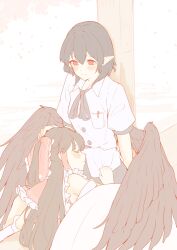Rule 34 | 2girls, ascot, bird wings, black hair, black wings, blush, bow, breast pocket, chilwell seele, closed mouth, clothes grab, collared shirt, commentary request, detached sleeves, frilled bow, frilled hair tubes, frills, hair bow, hair tubes, hakurei reimu, hand on another&#039;s head, highres, lap pillow, long hair, multiple girls, no headwear, pen, pen in pocket, pocket, pointy ears, red bow, red eyes, shameimaru aya, shirt, sitting, sleeping, smile, touhou, white shirt, wings, yellow ascot, yuri