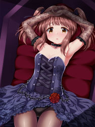 Rule 34 | 1girl, armpits, arms up, bare shoulders, black bow, black collar, black panties, blue dress, bow, breasts, brown eyes, brown gloves, brown hair, chain, cleavage, collar, collarbone, commentary request, dress, elbow gloves, floral print, flower, frilled gloves, frills, gloves, gluteal fold, hair bow, highres, idolmaster, idolmaster cinderella girls, long hair, looking at viewer, lying, medium breasts, ogata chieri, on back, own hands together, panties, parted lips, print dress, red flower, red rose, rose, rose print, sidelocks, solo, strapless, strapless dress, thigh gap, twintails, u2 (5798239), underwear
