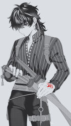 Rule 34 | 1boy, arisaka (arsksss), belt, black hair, black pants, command spell, fate/samurai remnant, fate (series), fingernails, greyscale, highres, holding, holding sheath, holding sword, holding weapon, katana, low ponytail, male focus, messy hair, miyamoto iori (fate), monochrome, official alternate costume, official alternate hairstyle, pants, partially unbuttoned, pinstripe pattern, pinstripe shirt, sheath, sheathed, shirt, solo, spot color, striped clothes, striped shirt, sword, vertical-striped clothes, vertical-striped shirt, weapon