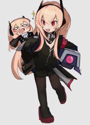Rule 34 | 2girls, :d, armband, black jacket, black skirt, blank eyes, blonde hair, blush stickers, carrying, carrying person, chesed (uporyz), chibi, commentary request, dinergate (girls&#039; frontline), fang, full body, girls&#039; frontline, grey background, hair between eyes, headset, highres, jacket, long hair, looking at another, m4 sopmod ii (girls&#039; frontline), m4 sopmod ii jr, multicolored hair, multiple girls, o o, open mouth, pantyhose, red armband, red eyes, red hair, scarf, simple background, skin fang, skirt, smile, streaked hair, very long hair