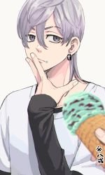 Rule 34 | 1boy, 1other, absurdres, closed mouth, earrings, eyebrow cut, food, food on face, grey eyes, grey hair, hair between eyes, hand up, highres, holding, holding food, ice cream, ice cream cone, jewelry, long hair, long sleeves, looking at viewer, male focus, meimei (cb mei), mitsuya takashi, shirt, simple background, single earring, sleeves past wrists, solo, tokyo revengers, upper body, white background, white shirt