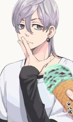 1boy 1other absurdres closed_mouth earrings eyebrow_cut food food_on_face grey_eyes grey_hair hair_between_eyes hand_up highres holding holding_food ice_cream ice_cream_cone jewelry long_hair long_sleeves looking_at_viewer male_focus meimei_(cb_mei) mitsuya_takashi shirt simple_background single_earring sleeves_past_wrists solo tokyo_revengers upper_body white_background white_shirt