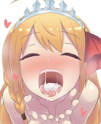 Rule 34 | 1girl, ahoge, bare shoulders, blonde hair, blush, braid, closed eyes, cum, cum in mouth, cum on tongue, cum string, cupping hands, fingernails, from above, hair ribbon, hands up, heart, maruzen18, nose blush, nude, open mouth, own hands together, pecorine (princess connect!), princess connect!, red ribbon, ribbon, side braid, simple background, single braid, solo, tiara, upper body, uvula, white background