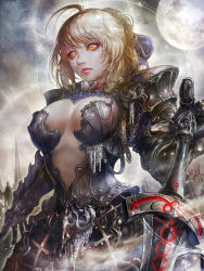 Rule 34 | 1girl, absurdres, ahoge, armor, armored dress, artoria pendragon (fate), black armor, blonde hair, breasts, center opening, clothing request, commentary request, cowboy shot, dated, dress, excalibur morgan (fate), fate/stay night, fate (series), female knight, gauntlets, hair ribbon, highres, holding, holding sword, holding weapon, jay b lee, looking to the side, medium breasts, moon, orange eyes, pauldrons, ribbon, saber alter, short hair, shoulder armor, signature, solo, sword, weapon