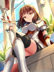 Rule 34 | 1girl, absurdres, armored boots, artist name, black gloves, black skirt, black thighhighs, boots, brown eyes, brown hair, celica (fire emblem), closed mouth, crown, fingerless gloves, fire emblem, fire emblem echoes: shadows of valentia, from below, gloves, hairband, highres, holding, holding sheath, long hair, looking at viewer, looking down, miniskirt, nintendo, ryo-suzuki, sheath, sheathed, sitting, skirt, solo, sword, thighhighs, watermark, weapon, web address, white hairband
