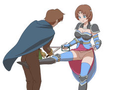 Rule 34 | 1boy, 1girl, armor, ball busting, bdsm, blue eyes, blush, breasts, brown hair, cape, cbt, cleavage, clothes lift, crotch kick, fighting, headband, highres, kicking, medium breasts, pain, seset, simple background, skirt, skirt lift, sword, thighhighs, upskirt, weapon, white background