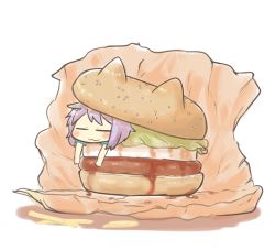 Rule 34 | 10s, 1girl, :3, animal ears, blush stickers, burger, cat ears, closed eyes, food, in food, inishie, kantai collection, ketchup, lettuce, lying, mini person, minigirl, on stomach, purple hair, short hair, solo, tama (kancolle), white background, wrapper