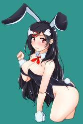 Rule 34 | 1girl, animal ears, ass, bad id, bad pixiv id, bare shoulders, black hair, blush, bow, bowtie, breasts, cleavage, covered erect nipples, detached collar, fake animal ears, faon ouji, female focus, highres, large breasts, long hair, looking at viewer, original, playboy bunny, rabbit ears, rabbit tail, red eyes, simple background, solo, tail, wrist cuffs