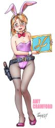 Rule 34 | 1girl, amy crawford, animal ears, bare shoulders, blush, bow, bowtie, character name, detached collar, earrings, fake animal ears, freckles, full body, gun, handgun, highres, holding, holding sign, holster, jewelry, leotard, open mouth, original, pantyhose, pistol, playboy bunny, rabbit ears, revolver, round girl, sign, simple background, smile, solo, standing, thigh gap, weapon, white background, wrist cuffs, yabataso