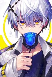 Rule 34 | 1boy, blue flower, blue rose, child, commentary request, earrings, flower, hair between eyes, jewelry, long sleeves, looking at viewer, nixtutyannh, original, portrait, profile, rose, short hair, simple background, solo, straight-on, white hair