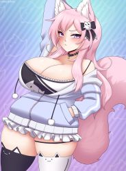 Rule 34 | 1girl, absurdres, alternate breast size, animal ear legwear, animal ears, arm up, asymmetrical legwear, black thighhighs, blush, bow, breasts, camisole, cat ear legwear, cat ears, cat girl, cat tail, catboymech, choker, cleavage, commentary, english commentary, hair bow, hand in pocket, highres, hood, hoodie, large breasts, long hair, mismatched legwear, nyatasha nyanners, nyatasha nyanners (1st costume), open clothes, open hoodie, pink hair, purple eyes, sidelocks, skindentation, striped background, tail, thick thighs, thigh strap, thighhighs, thighs, virtual youtuber, vshojo, white thighhighs