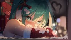 Rule 34 | 1girl, 200f (nifu), aqua eyes, aqua hair, bare shoulders, blurry, blush, bokeh, bow, box, christmas, commentary, covered mouth, depth of field, detached sleeves, from outside, fur-trimmed sleeves, fur trim, gift, gift box, gloves, hair between eyes, hair bow, hair ornament, hatsune miku, heart, highres, long sleeves, looking at viewer, looking outside, portrait, red bow, red sleeves, snow, solo, vocaloid, white gloves, window, winter