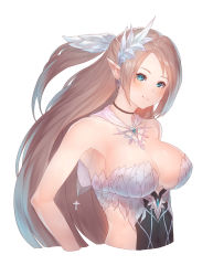 Rule 34 | 1girl, aqua eyes, armpits, bad id, bad pixiv id, bare arms, bare shoulders, blue eyes, blush, breasts, brooch, brown hair, cat tail, choker, cleavage, closed mouth, clothing cutout, covered navel, detached collar, earrings, elf, eyelashes, feather hair ornament, from side, hair ornament, half updo, highres, jewelry, king&#039;s raid, long hair, looking at viewer, medium breasts, pointy ears, ponytail, selene (king&#039;s raid), side cutout, simple background, skin tight, smile, solo, tail, upper body, very long hair, white background, yu mochi (kamiinu)