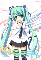 Rule 34 | 1girl, black skirt, female focus, green eyes, green hair, hair ribbon, hatsune miku, headset, highres, lace, lace-trimmed skirt, lace trim, long hair, masaki (machisora), matching hair/eyes, microphone, miniskirt, musical note, necktie, open mouth, pleated skirt, pointing, ribbon, skirt, solo, striped clothes, striped thighhighs, thighhighs, twintails, very long hair, vocaloid, white background