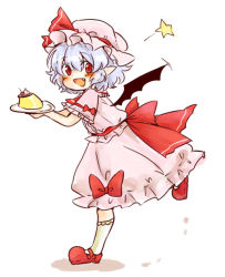 Rule 34 | 1girl, bat wings, blue hair, cherry, dress, fang, flapping, food, fruit, hat, hat ribbon, looking at viewer, maru usagi, mob cap, open mouth, pink dress, plate, pudding, puffy sleeves, red eyes, remilia scarlet, ribbon, sash, short sleeves, simple background, smile, solo, star (symbol), touhou, whipped cream, white background, wings