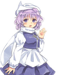 Rule 34 | 1girl, :d, apron, blue skirt, blue vest, blush, commentary request, cowboy shot, fingernails, hand up, hat, highres, juliet sleeves, letty whiterock, light purple hair, long sleeves, looking at viewer, open mouth, pin, puffy sleeves, purple skirt, sasa kichi, scarf, simple background, skirt, smile, solo, touhou, vest, waist apron, waving, white apron, white background, white hat, white scarf