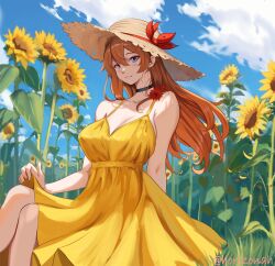 Rule 34 | 1girl, :3, absurdres, alternate breast size, artist name, bare arms, bare shoulders, blue eyes, breasts, closed mouth, day, dress, earrings, flower, full body, hat, highres, horizonah, jewelry, large breasts, lips, long hair, neon genesis evangelion, neon genesis evangelion (manga), simple background, sitting, smile, solo, souryuu asuka langley, straw hat, sunflower, twitter username, yellow dress