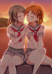 Rule 34 | 2girls, ahoge, blush, bow, braid, closed eyes, grey hair, grey skirt, hair bow, hands on another&#039;s shoulders, highres, imminent kiss, love live!, love live! school idol project, love live! sunshine!!, miniskirt, multiple girls, ocean, orange hair, outdoors, parted bangs, pleated skirt, puckered lips, puffy short sleeves, puffy sleeves, school uniform, serafuku, shimashima salmon, short hair, short sleeves, single braid, sitting, skirt, sky, sunset, sweatdrop, swept bangs, takami chika, uranohoshi school uniform, watanabe you, yellow bow, yuri