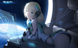 Rule 34 | 10s, 1girl, 2016, angela balzac, ass, back, black gloves, blonde hair, blue eyes, breasts, cable, cangkong, closed mouth, dated, detached sleeves, digital media player, english text, eyebrows, floating screen, glass, gloves, glowing, hair between eyes, headgear, headphones, highres, indoors, large breasts, lens flare, leotard, light smile, long hair, lying, on stomach, planet, rakuen tsuihou, science fiction, shade, solo, space, text focus, wallpaper