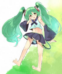 Rule 34 | 1girl, :d, barefoot, detached sleeves, fang, feet, furukawa itsuse, glasses, green eyes, green hair, hatsune miku, highres, legs, long hair, matching hair/eyes, navel, open mouth, sailor collar, semi-rimless eyewear, smile, solo, tattoo, toes, twintails, very long hair, vocaloid