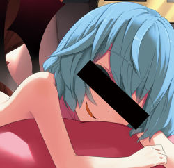 Rule 34 | 1girl, bad id, bad pixiv id, bar censor, bat wings, blue hair, censored, fang, female focus, hota, nude, open mouth, remilia scarlet, smirk, solo, touhou, wings
