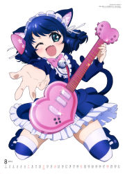Rule 34 | 10s, 1girl, 2016, absurdres, animal ears, blue eyes, blush, calendar, cat ears, cyan (show by rock!!), dress, green eyes, guitar, highres, instrument, official art, ooshiro masaru, short hair, show by rock!!, solo, strawberry heart (show by rock!!), striped clothes, striped thighhighs, tail, thighhighs