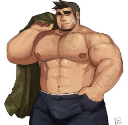 Rule 34 | 1boy, abs, absurdres, ace attorney, alternate body hair, alternate pectoral size, bandaid, bandaid on cheek, bandaid on face, bara, beard, big nose, body hair, brown hair, bulge, chest hair, commentary, cowboy shot, dick gumshoe, english commentary, facial hair, goatee, hairy, hand in pocket, highres, holding, holding clothes, holding jacket, jacket, large bulge, large pectorals, long sideburns, looking at viewer, male focus, mature male, muscular, muscular male, navel, navel hair, nipples, pectorals, revision, ruslorc, short hair, sideburns, simple background, solo, stomach, thick arms, thick eyebrows, topless male