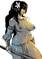 Rule 34 | 1girl, breasts, collarbone, female orc, female pubic hair, flower, groin, hair between eyes, hair flower, hair ornament, jewelry, large breasts, loincloth, long hair, midriff, mrkg (arsfatuus), navel, necklace, nipples, orc, original, parted lips, pointy ears, pubic hair, pubic hair peek, simple background, solo, tooth necklace, topless, tusks, white background