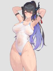 1girl absurdres arm_strap arms_up black_hair blue_hair blush breasts chyraliss colored_inner_hair commentary competition_swimsuit covered_navel demon_horns high_ponytail highleg highleg_one-piece_swimsuit highres hololive hololive_english horns large_breasts long_hair looking_at_viewer mole mole_under_eye multicolored_hair nerissa_ravencroft one-piece_swimsuit open_mouth red_eyes see-through_clothes simple_background solo split-color_hair standing swimsuit two-tone_hair virtual_youtuber