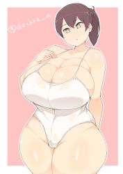 Rule 34 | 1girl, artist name, breasts, brown eyes, brown hair, cleavage, collarbone, dockra, dockra a, frown, hair between eyes, huge breasts, impossible clothes, kaga (kancolle), kantai collection, long hair, looking down, one-piece swimsuit, plump, ponytail, solo, swimsuit, thick thighs, thighs, wide hips