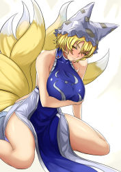 Rule 34 | 1girl, animal hat, bare shoulders, blonde hair, breast hold, breasts, closed mouth, dutch angle, eyebrows, fox tail, frills, hair between eyes, hat, highres, hoshara, large breasts, mob cap, multiple tails, pelvic curtain, red background, revision, short hair, sitting, sleeveless, solo, sweat, tabard, tail, touhou, wariza, yakumo ran, yellow eyes