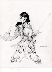 Rule 34 | 1girl, absurdres, armor, boots, breastplate, closed mouth, commentary, dagger, english commentary, faulds, floating hair, floating scarf, full armor, gauntlets, greyscale, highres, holding, holding sword, holding weapon, ink (medium), inktober, knife, long hair, manuel castanon, monochrome, original, pants, pauldrons, pelvic curtain, ponytail, scabbard, scan, scarf, sheath, shoulder armor, simple background, solo, sword, traditional media, two-handed, unsheathed, weapon, white background