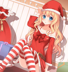 Rule 34 | 1girl, arm at side, belt, blonde hair, blue eyes, blush, bow, box, bra strap, checkered floor, chestnut mouth, christmas, collarbone, dress, dutch angle, eyebrows, fur trim, gift, gift box, hand on headwear, hat, highres, kurisu-kun, long hair, long sleeves, looking at viewer, off shoulder, on floor, original, panties, pantyshot, red bow, red dress, red hat, sack, santa costume, santa hat, shadow, sitting, solo, striped clothes, striped thighhighs, thighhighs, tile floor, tiles, underwear